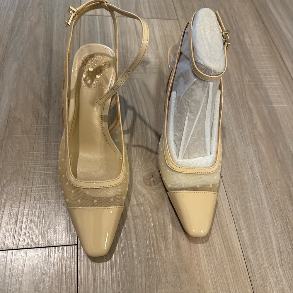 Brand New - Vince Camuto Taupe Mesh & Patent Ankle Strap Pumps - Size 5.5 (36)